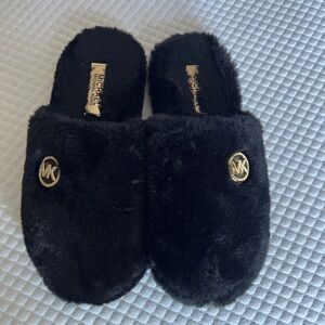 Black Plush Slippers with Gold Logo